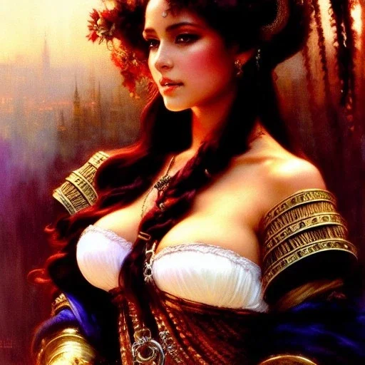 Drawing of beautiful face busty tavern wench,sweet stare,ancient leather armor, balanciaga fashion clothe painting by gaston bussiere, greg rutkowski, yoji shinkawa, yoshitaka amano, tsutomu nihei, donato giancola, tim hildebrandt, oil on canvas, cinematic composition, extreme detail,fit full head inside picture,16k