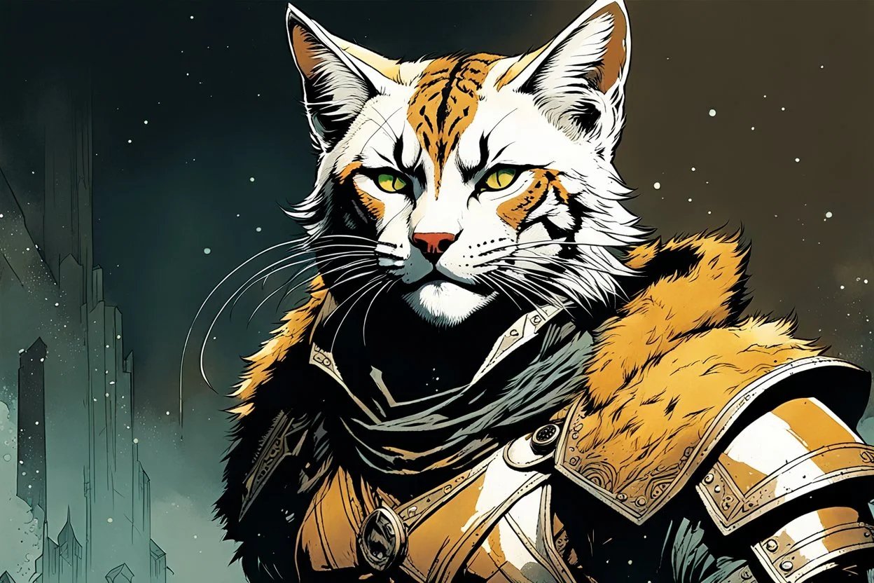 create an ethereal, otherworldly anthropomorphic Khajiit Lynx female warrior , in the comic book art style of Mike Mignola, Bill Sienkiewicz, and Jean Giraud Moebius, with highly detailed fur and feminine facial features , finely inked , dramatic natural lighting