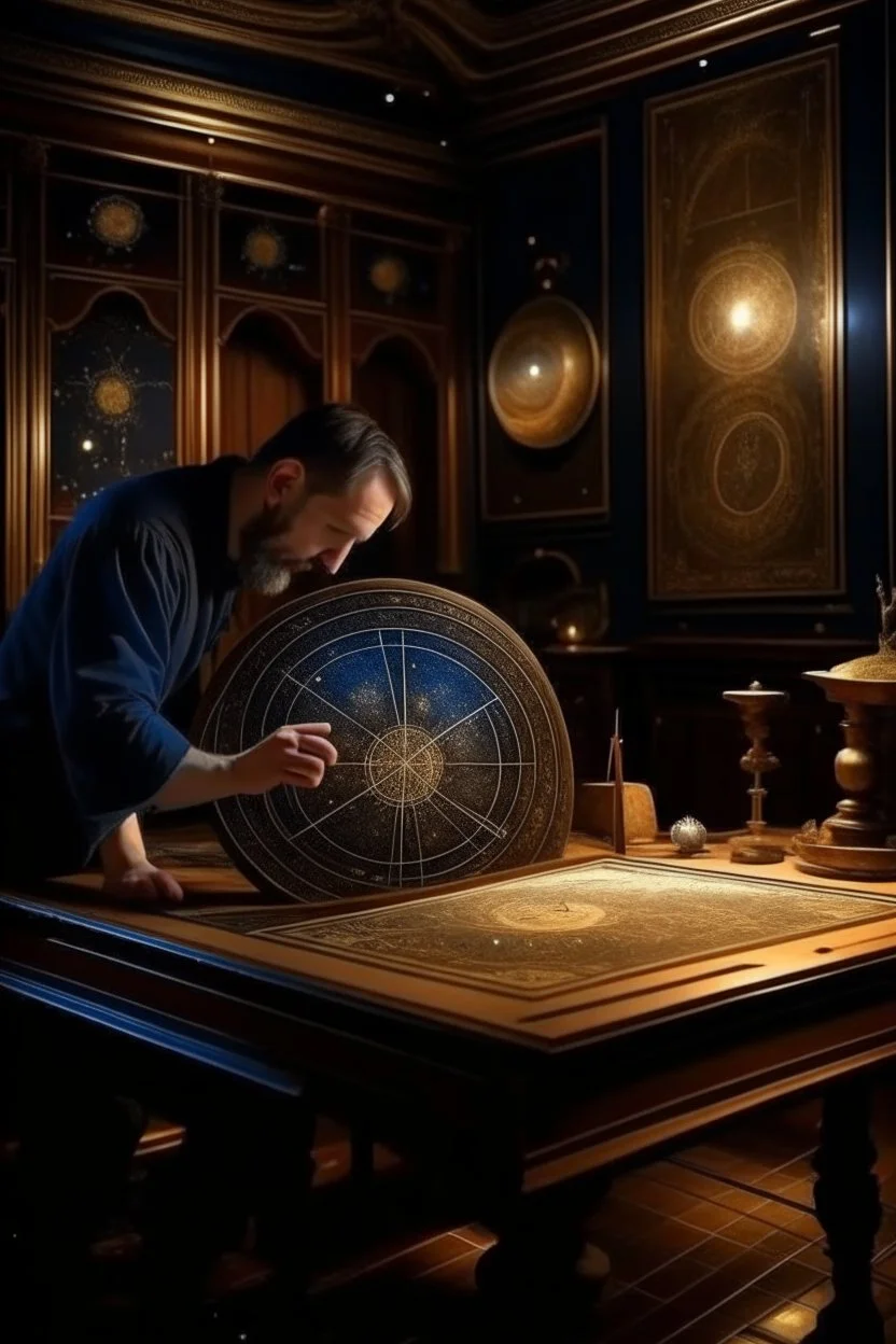 astrologer draws a star map, antique interior, baroque, night, moon is shining, planets