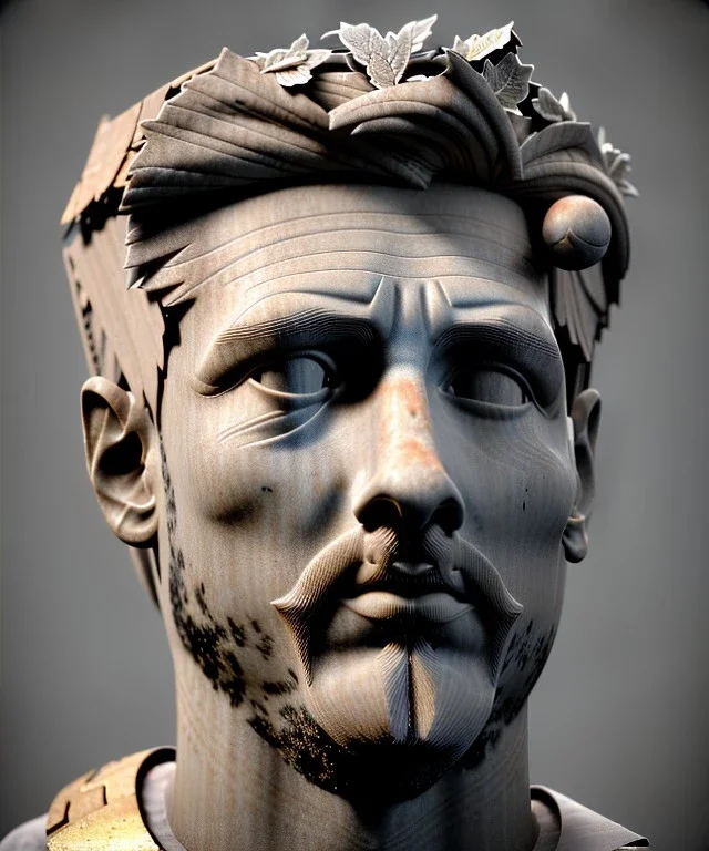 Gran angular, Realistic image, roman sculpture, marble deluxe material, Lionel Messi, gold Laurel leaves crown model, miguel angel style, chisel style, emperador, God light, god rays, 4k resolution, smooth details, ornate details, soft lighting, unreal engine 5, soft cyan background.