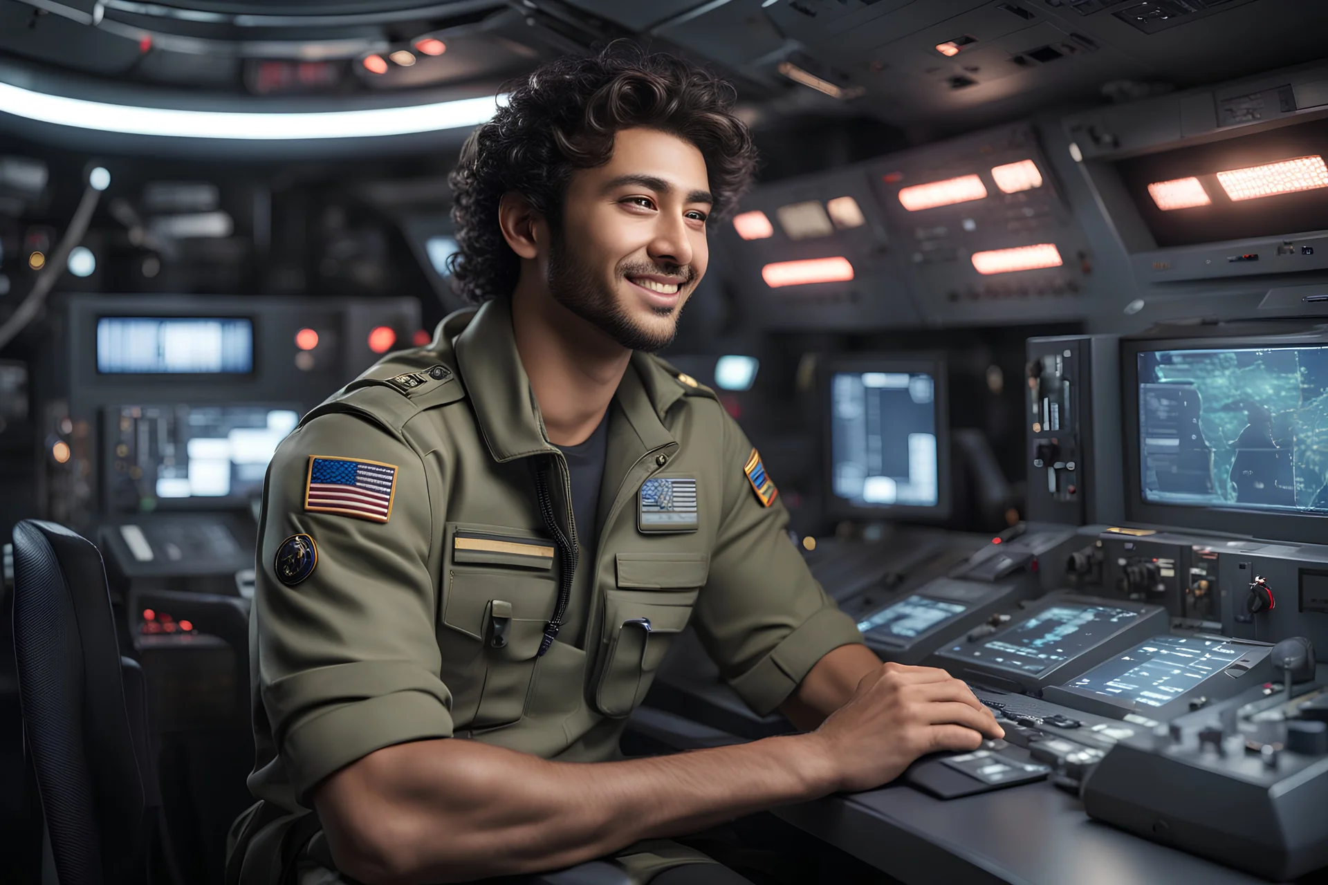 30 year old military Coding IT Officer, male, Middle-eastern/Asian mix, slight smile, sitting at data console of star cruiser ship, casual, shaggy hair, hyper-photo-realistic, detailed, cinematic lighting