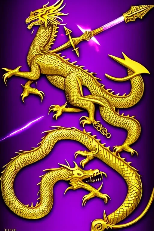 medieval Knight in golden jeweled armor vs dragon, violet color, high detail, sorcery, sparks, mechanical, plasma, treasure, weapons, slithery, goofy