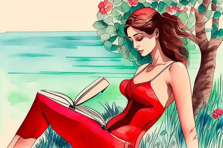 woman in red swimsuit reading a book in a beautiful garden in sunshine style Vittorio Giardino, stylized pen drawing and watercolor