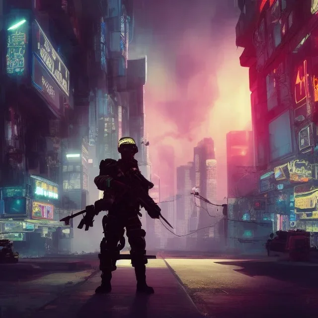 Soldier fighting in a cyberpunk city