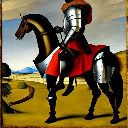 retrato de un caballero medieval con armadura montando un grifon con estilo de Diego Velázquez