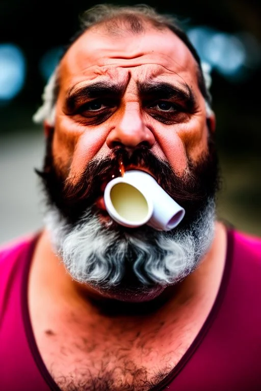 close up photography, dirty burly chubby Italian strong 48 years old homeless man, dripping milk from open mouth, dripping on the beard, with dirty tank top, emotional eyes, manly chest, photo, Canon EOS, lens 35mm, natural lights, 8K, in the morning