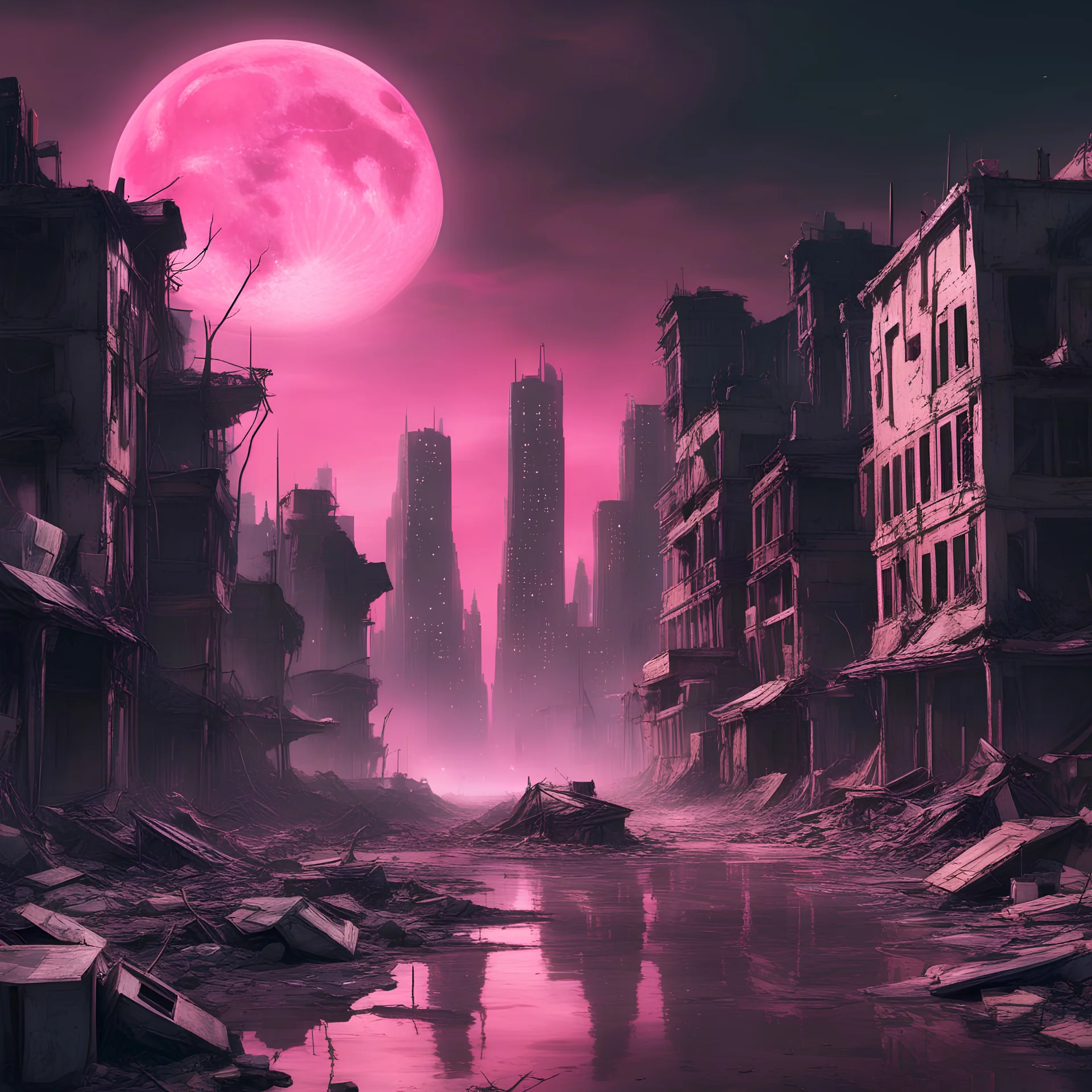 Paisaje de fantasía ciencia ficción, ciudad destruida pos-apocalíptica, bajo una luna llena rosada, en una atmósfera de quietud.