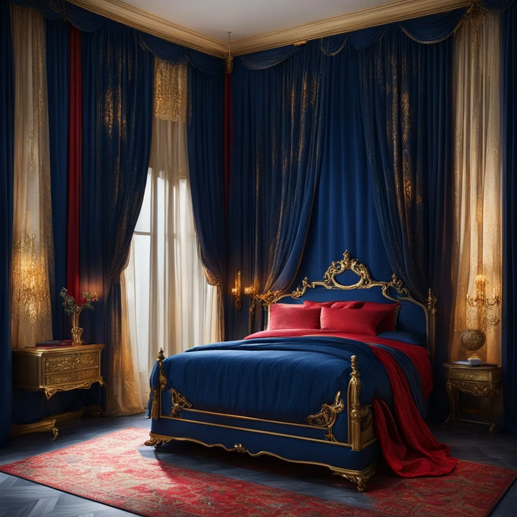 Bedroom in midnight blue, red and gold. A wide old bed and a large window with curtains