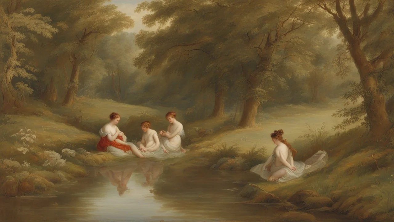 Nymphs sitting next to a stream, in a woodland clearing