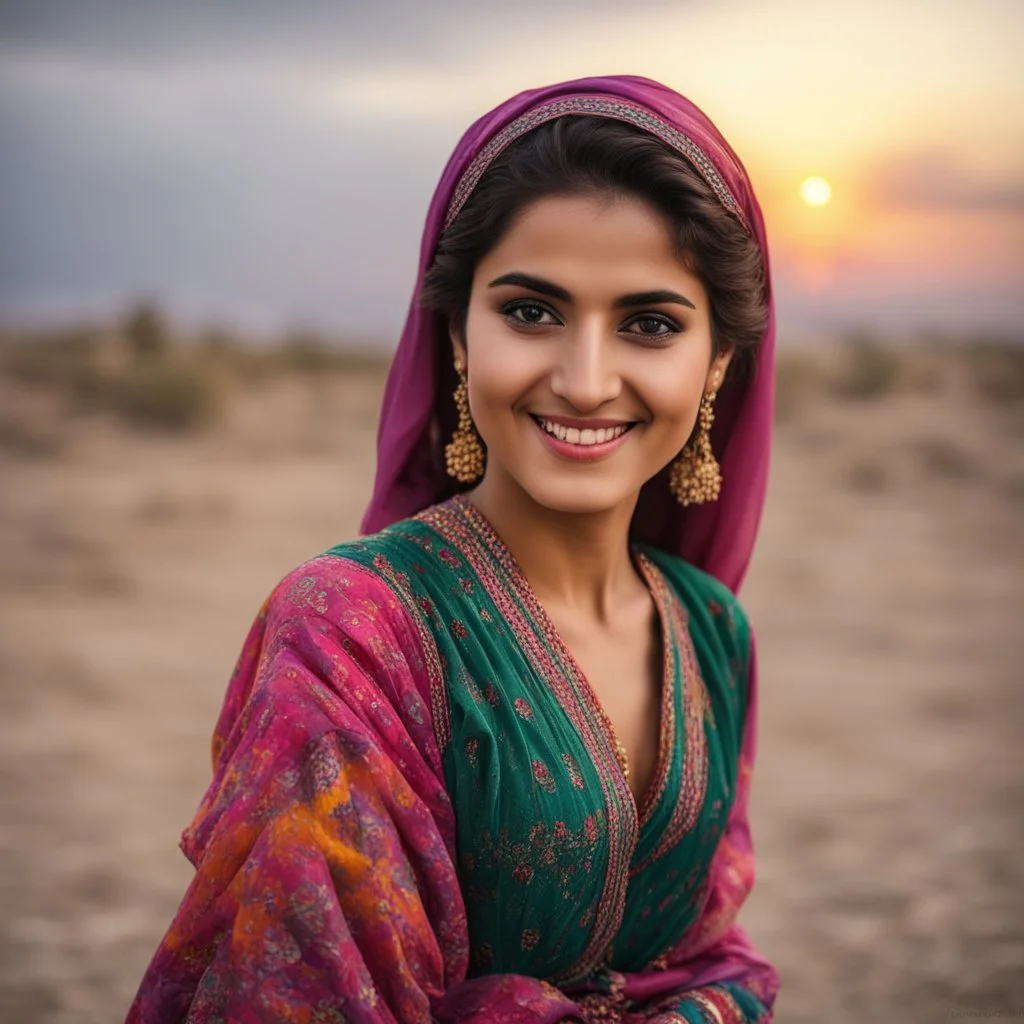 Pakistani Pukhtoon young-woman smiling & has beautiful black-eyes with simple colorful dress at cloudy sunset