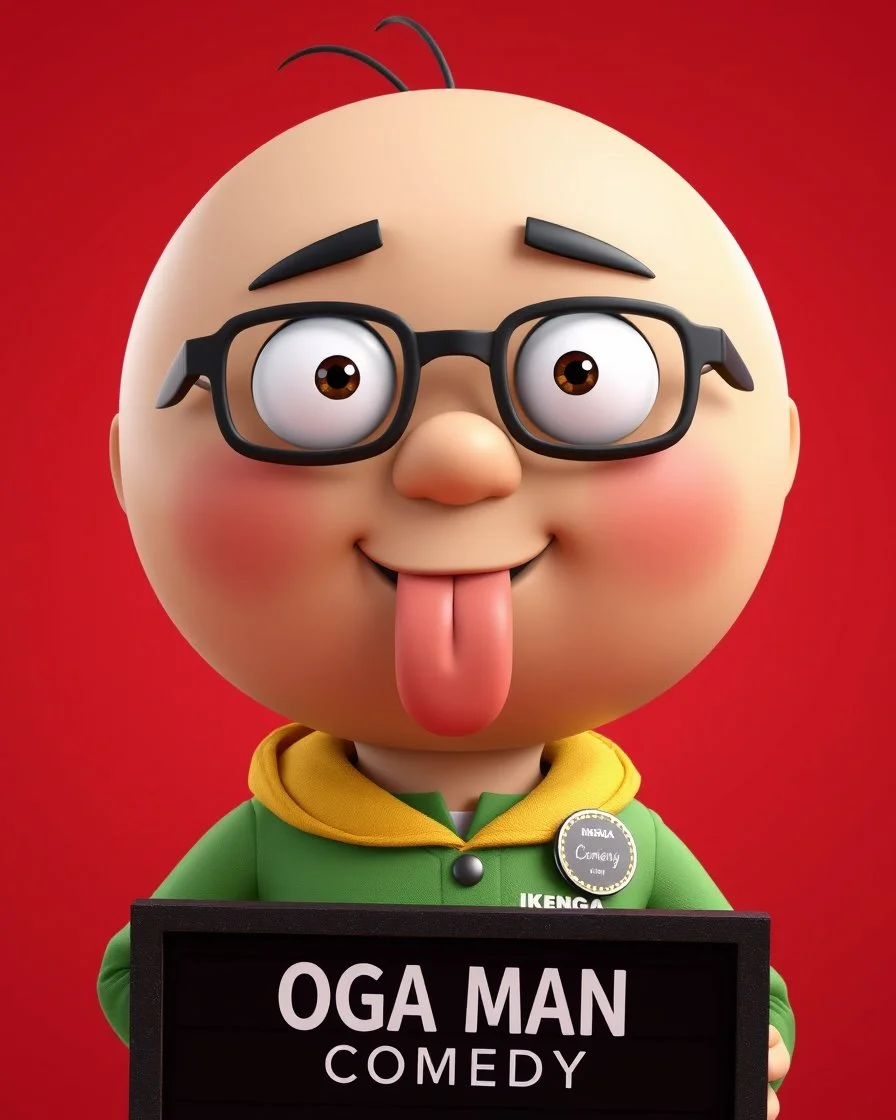 A 3D animated character with a round face, prominent eyes, and a small, protruding tongue. He is wearing glasses, a green jacket with a yellow collar, and a badge on his jacket that reads 'IKENGA Obodo Oma!'. He holds a black signboard with white text that reads 'OGA MAN COMEDY'. The character is positioned against a red background.