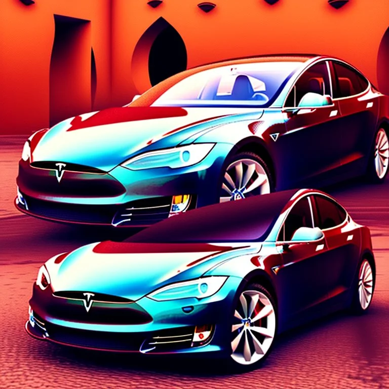 A Tesla's 'Model S Plaid' is parked, within 'Jemaa el-Fnaa', in Marrakesh. CINEMATIC. WIDE ANGLE LENS.