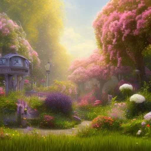 pixar style, volumetric summer garden environment and background, realistic painting of popcorn, looking excited, volumetric lighting, dramatic lighting, detailed digital painting, extreme dense and fine fur, anime, ornate, colour-washed colors, elegant, small minutiae, tiny features, particulars, centered, smooth, sharp focus, renderman gofur render, 8k, uhd, detailed eyes, realistic shaded volumetric lighting, sunlight caustics, backlight, centered camera view