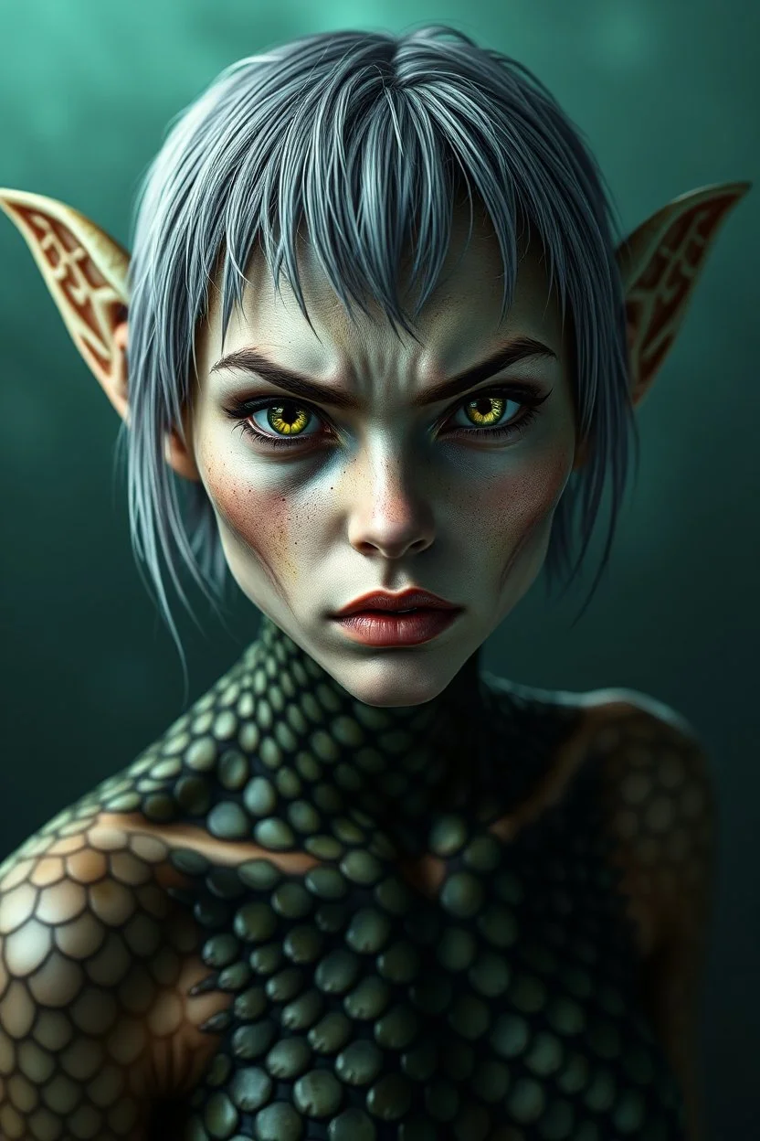 an intense alluring gremlin alien mermaid with wet short grey hair tucked behind ears, she has green eyes and light freckles. her entire body is covered in gradiated dark to light green mottled hexagon scales that transistion into skin at neck, ,