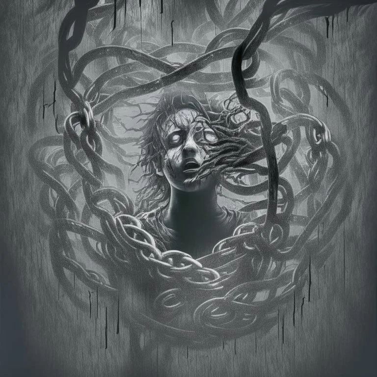 Generate an image that depicts a person trapped in the clutches of addiction, with visual elements symbolizing the allure and dangers of substance abuse, such as dark shadows, chains, or swirling vortexes. leave the area of person blank