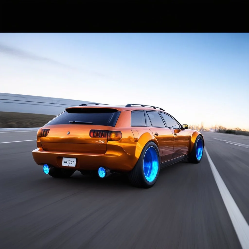 award winning car and driver photograph of a futuristic station wagon fighter-jet genetic-splice designed by only one vehicle per image painted metallic orange traveling at a high rate of speed, jet intake off of front center of vehicle and jet exhaust out the rear with bright blue flame, bilaterally symetrical, more a high speed road vehicle