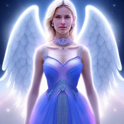 portrait of a beautiful woman with an angel face smiling, pink and blue dress, jewels, soft light aura