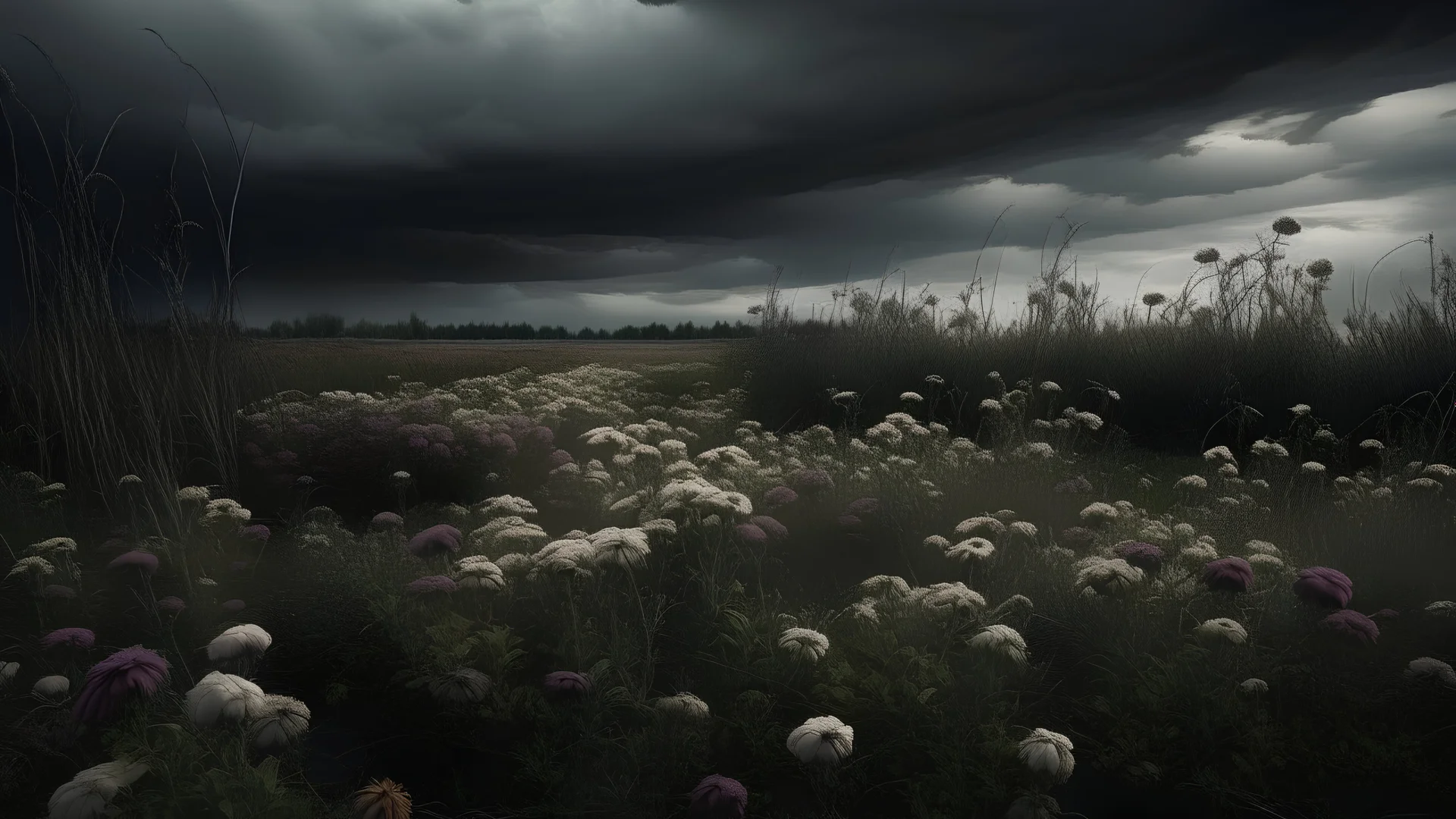 A melancholic landscape, with dark storm clouds looming over a desolate field of wilted flowers. The colors are muted and somber, reflecting the mood of the scene.