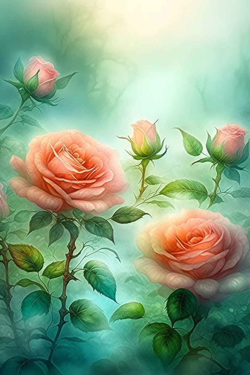 magic Watercolor, double Chinese rose bush, ultra-detailed, morning, rain, greenery, beautiful landscape, fog, many details, delicate sensuality, realistic, high quality, 3d, work of art, hyperdetalization, filigree, foggy haze background, hyperrealism, professional, transparent, delicate pastel tones, back lighting, contrast, fantastic, unreal, translucent, glowing, clear lines, epic fabulous, fabulous landscape, hyperrealism