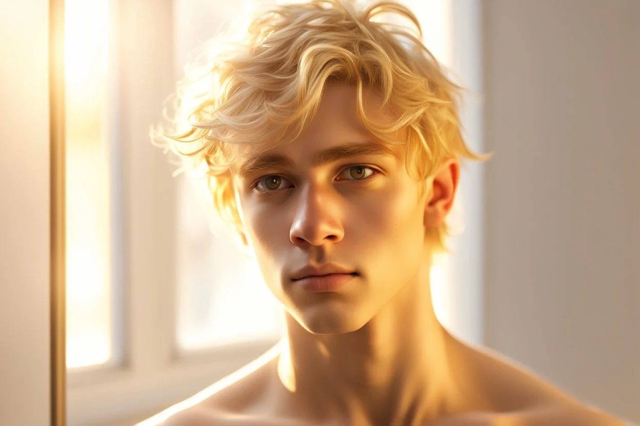 A macro portrait of an athletic teen boy with honey brown eyes, messy golden blond hair, cute, innocent and thoughtful, leaning against a window, a hint of facial hair, no shirt, shirtless, inside an empty room with warm sunlight streaming in, detailed, high definition, 4K, 8K, quality render