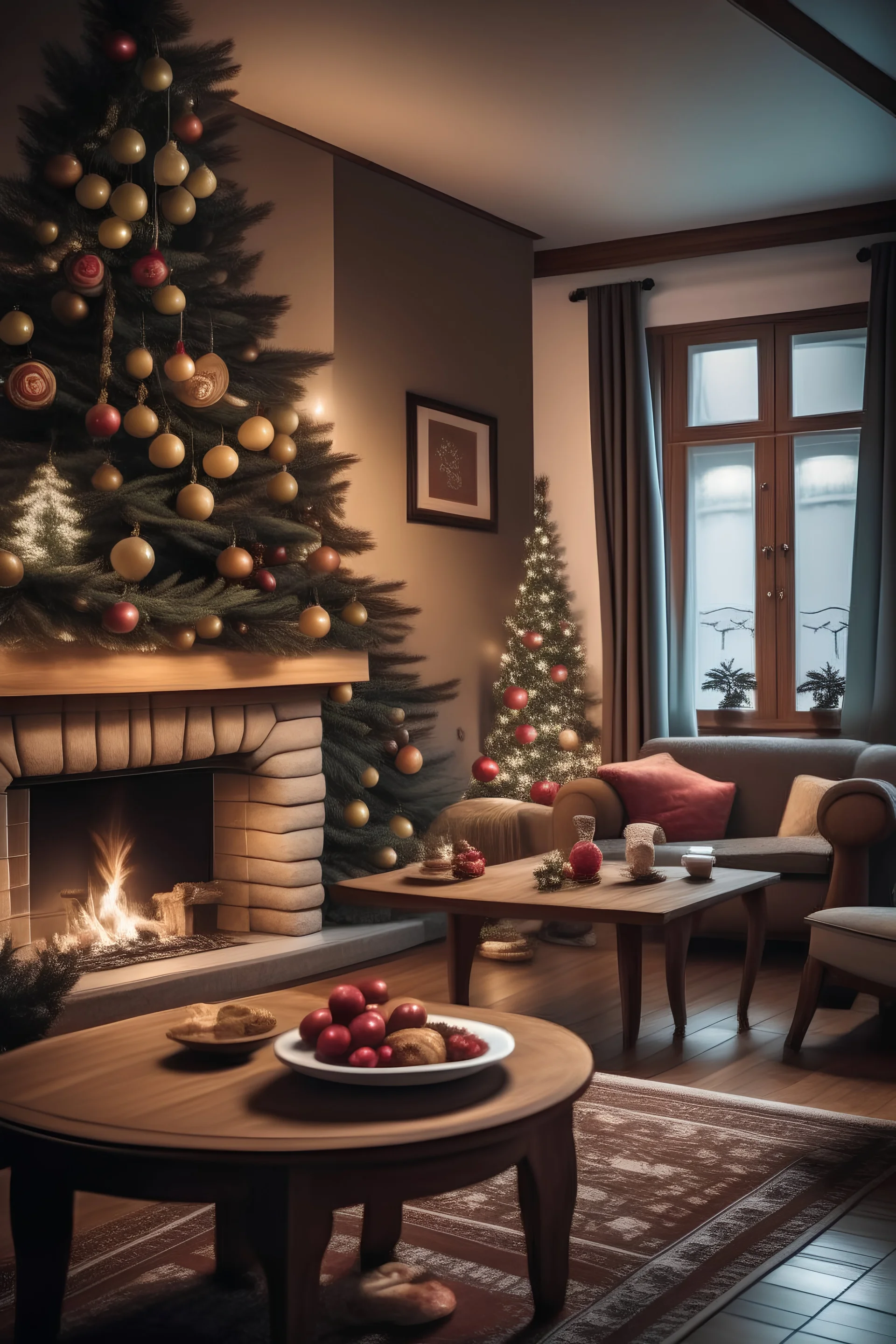 cozy, christmas livingroom, one fireplace, one chritmas tree, smalle table, cookies on table, no people