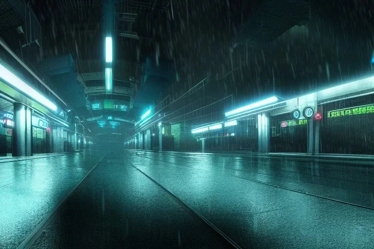 equirectangular projection grid of a futuristic bladerunner cyberpunk trainstation in the rain at night, volumetric lighting 4k spherical panorama realityengine photorender hyperdetailed cinematic