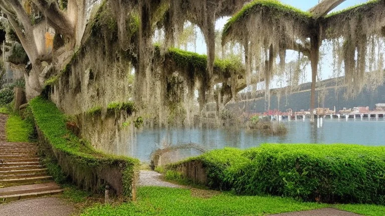 Gigantic mushroom village with balconies, archways, stairs, bridges, bushes, spanish moss, ivy, lake, a winding pathway through the middle