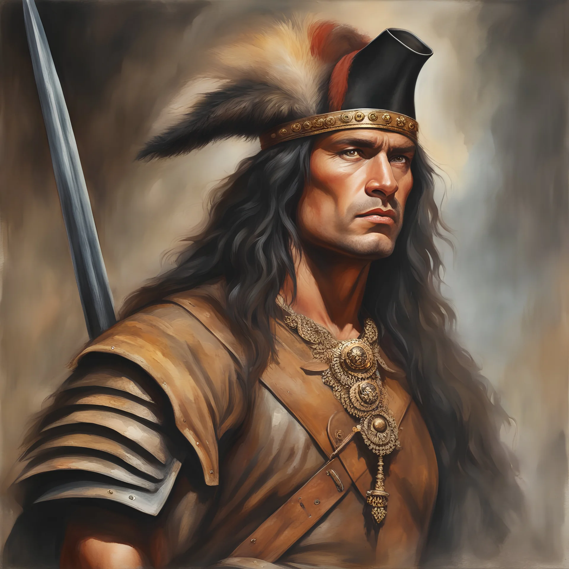 Conan the Barbarian dressed as an 18th century British soldier, dark, multicolored watercolor stained wall in the background, oil painting in the art style of Boris Vallejo, 32k UHD, Hyper realistic, photorealistic, realistic, sharp, highly detailed, professional quality, beautiful, awesome, majestic, superb, trending on artstation