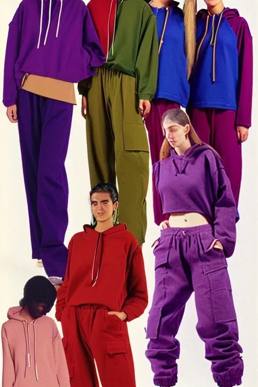 year 1994 women fashion. Loose fit, "combat pants"-"suit trouser"-hybrid with low waist, baggy, Combat pants, t-shirt and interesting hoodie with high tippet. Colors: denim blue, blue, purple, khaki, "light and bright green", lilac, plum, orange, terracotta, red, pink, dark blue, beige. Women models. Starling pattern prints.Jennifer Lopez, Gwyneth Paltrow, . Big tennis shoes on. Cargo pants.