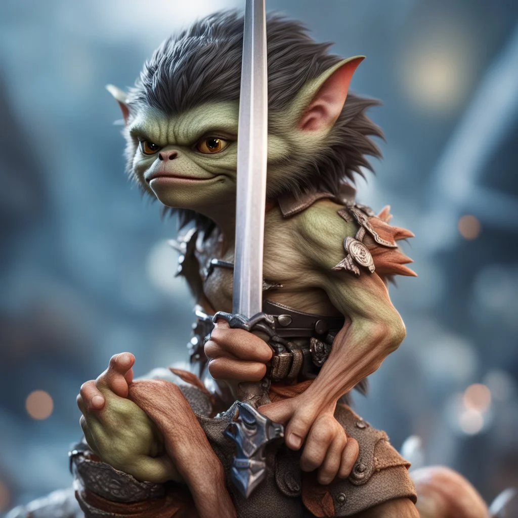 gremlin holding sword with vulcanic background,bokeh like f/0.8, tilt-shift lens 8k, high detail, smooth render, down-light, unreal engine,bokeh like f/0.8, tilt-shift lens 8k, high detail, smooth render, down-light, unreal engine