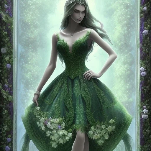 beautiful witch wirh emerald floral and botanical dress details, Glass, magic, intricate, high details