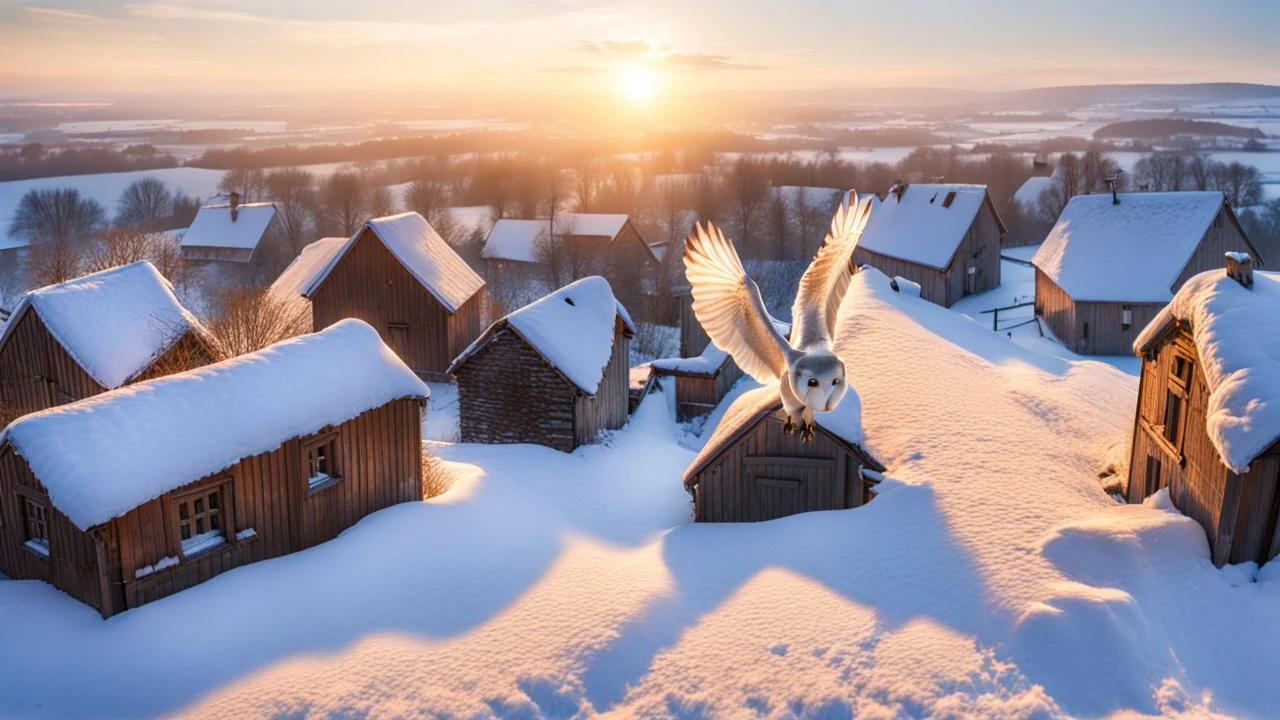 angel's view medium close from above a barn owl flying over a winter small village, snowy landscape, little light, sunrise, some small Hungarian old country houses from above, perspective, high detailed, sharp focuses, photorealistic, cinematic