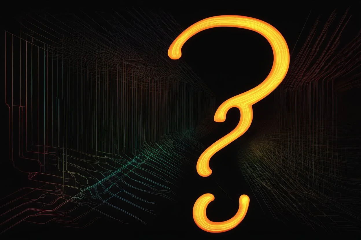 black background, outlines of a holographic question mark drawn from thin neon-coloured glowing lines