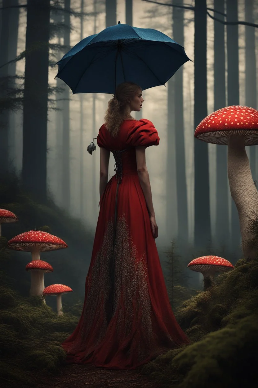 tall slim woman in a dress, in a forest, holding an umbrella made from a fly agaric mushroom, detailed matte painting, deep colour, fantastical, intricate detail, complementary colours, fantasy concept art, 8k resolution, Unreal Engine 5