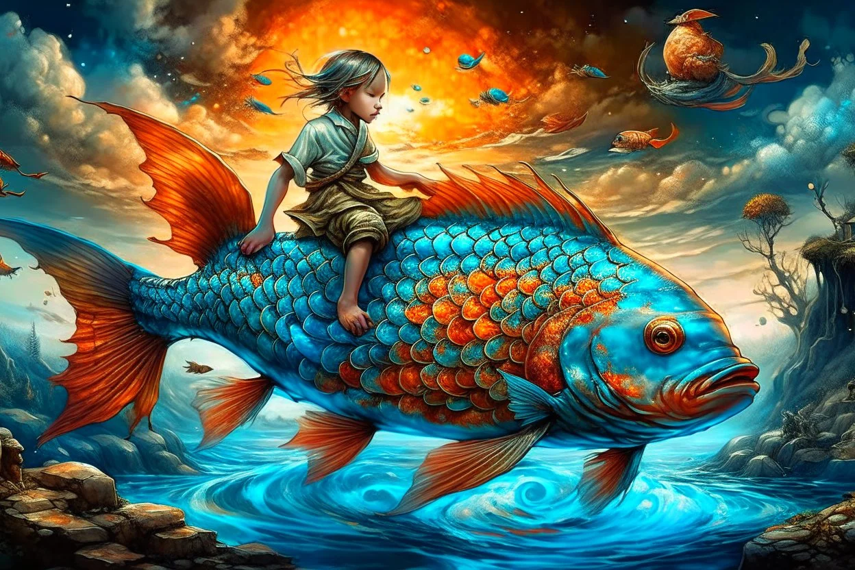dreamlike, Esao Andrews-esque scene where a barefoot boy in tattered overalls rides atop a colossal, iridescent koi fish through a surreal twilight lagoon, his arms wrapped around the fish's sleek, glistening body as if it were a trusty steed. The fish's scales shimmer with impossible huespearlescent blues melting into burnt orangeswhile its fins fan out like delicate silk banners torn from some celestial tapestry. Around them, the water refracts into liquid prisms, distorting reflections of gna