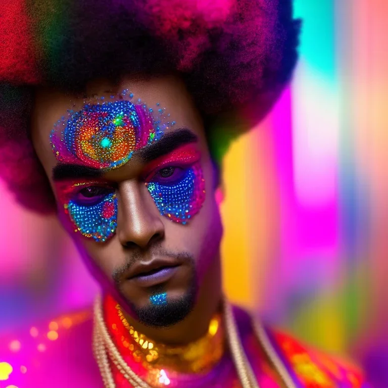 full body shot, masterpiece, best quality, man of median age, black skinned, sparkling eyes, fluorescent skin, colorful makeup, afro, highly detailed body, afrofuturism, scifi, sun light, 4K, RAW, depth of field, high contrast, realistic details, 24mm