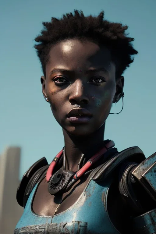 Beautiful portrait of african girl post-apocalypse robots in a cyberpunk city, sci-fi fantasy style, 8k,dark