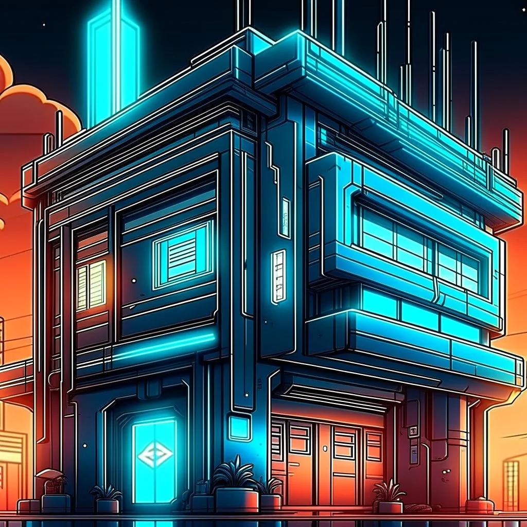 cyberpunk retro futuristic hospital with cross sign for comics