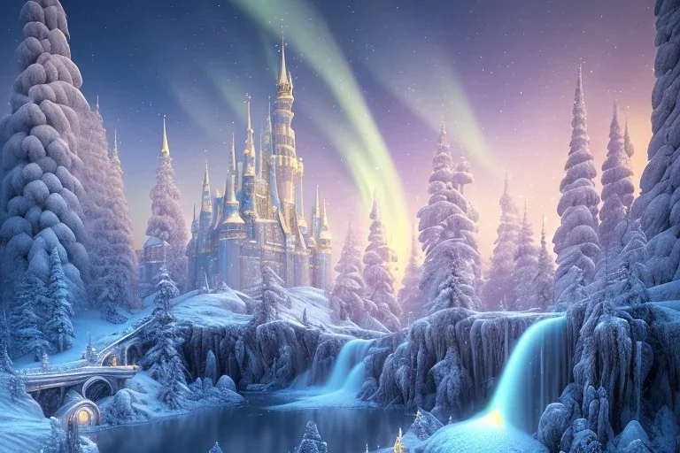 a magic fairy tale style, white and gold castle，waterfall, winter snow flakessnow, northern Lights, full of details, smooth, bright sunshine，soft light atmosphere, light effect，vaporwave colorful, concept art, smooth, extremely sharp detail, finely tuned detail, ultra high definition, 8 k, unreal engine 5, ultra sharp focus