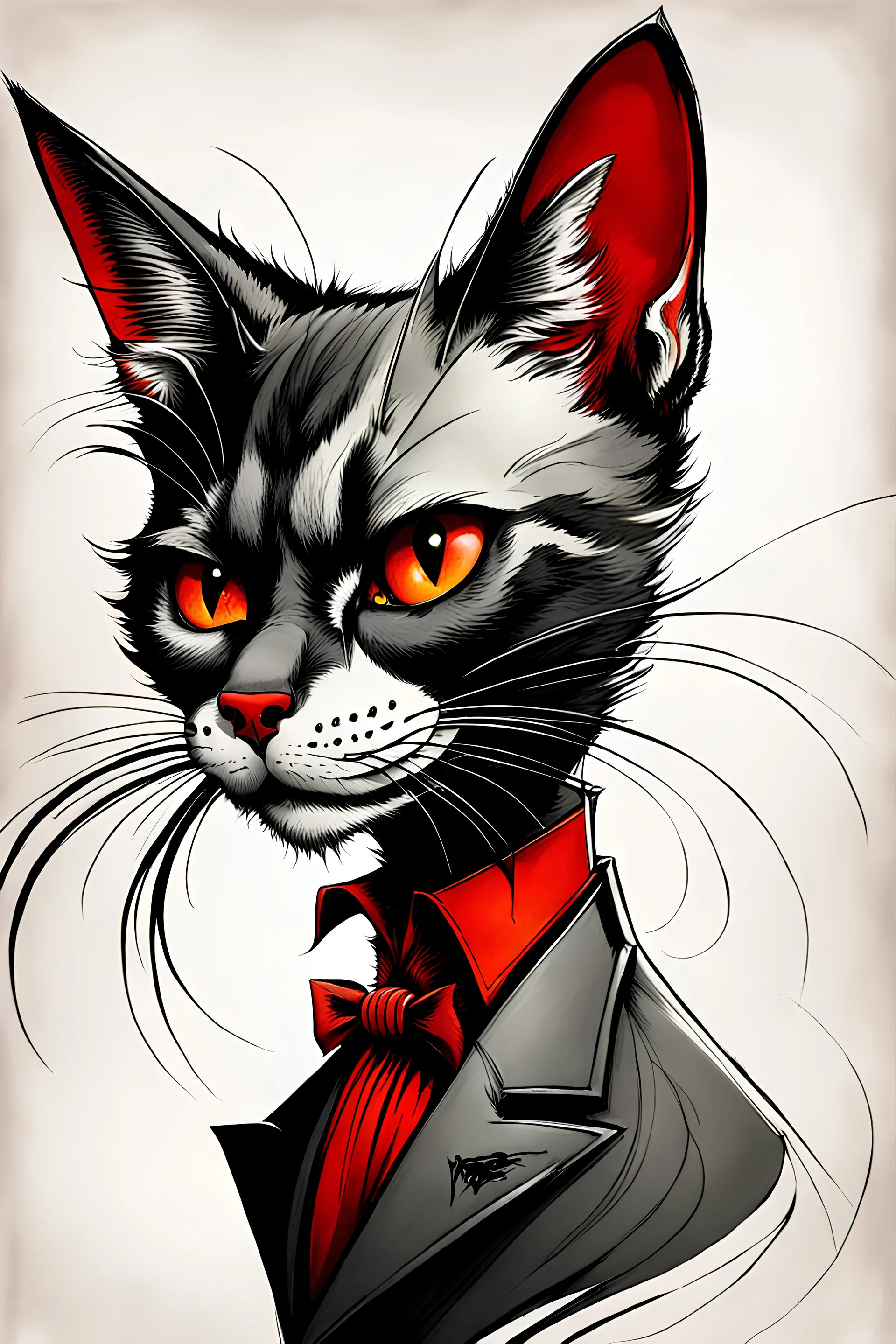 create a wild caricature of a refined and sophisticated female vampire cat, highly detailed with refined feline features in the caricature style of Gerald Scarfe and Ralph Steadman, precisely drawn, boldly inked, vividly colored, 4k