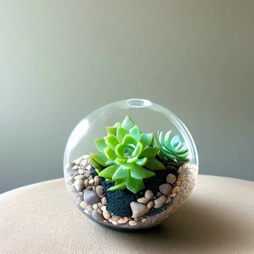 overfilled succulent terrarium in a glass orb, bonsai, pebbles, pastel colors, warm lighting, linen backdrop