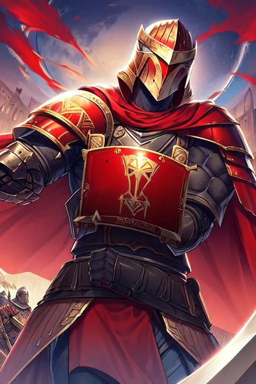 Planet Mars portrayed as a menacing man wearing Roman-like armour, a red cape, and a spartan helmet that covers his face entirely, he is armed with a spear and a spartan shield, his armour is covered with battle marks