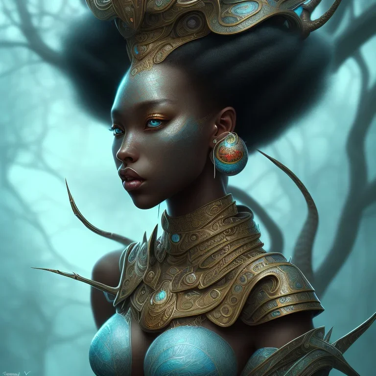 sango fantasy, fantasy magic, intricate, sharp focus, illustration, highly detailed, digital painting, concept art, matte, masterpiece head sexy view black African beauty black afro hair space lady turquoise one headed dragon skin Indonesian princess facing forward