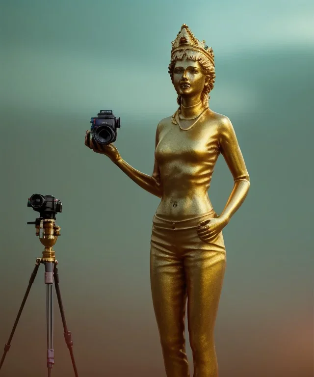 Statue of Queen of photography holding camera in hands. Cute blonde woman. Photographer in golden crown. Standing on the street. Big camera in her hand. hyperdetailed, photorealistic, trending on artstation, greg rutkowski, beksinski, kodachrome, volumetric lighting, gold and cyan