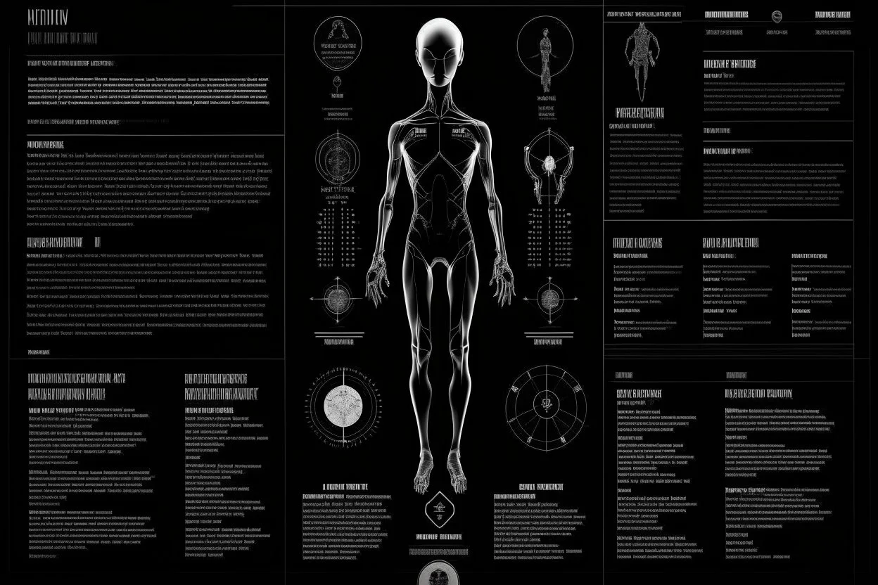 Minimalist infographic of a human, alien-made, extraterrestrial design, clear and legible lorem ipsum text, black grainy background, big text, strange glyphs, text-heavy, high quality, minimalist, alien design, clear and legible, grainy texture, infographics, extraterrestrial layout, detailed text, minimalist design, professional, atmospheric lighting