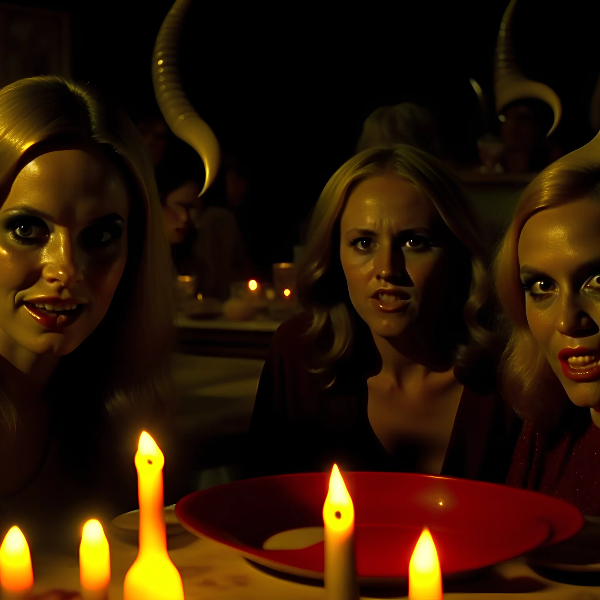 Horror movie shot, spooky, horns, hot, ultra realistic, dine, they enjoy and get excited, ashs, ultra realistic hot blonde women, party, extremely, pieces of lub, organs, ail, dynamic, very excited people, 1970's, Dario Argento, hypermaximalist figures, light, Italian horror movie, sinister, ornate, 4k, photorealism