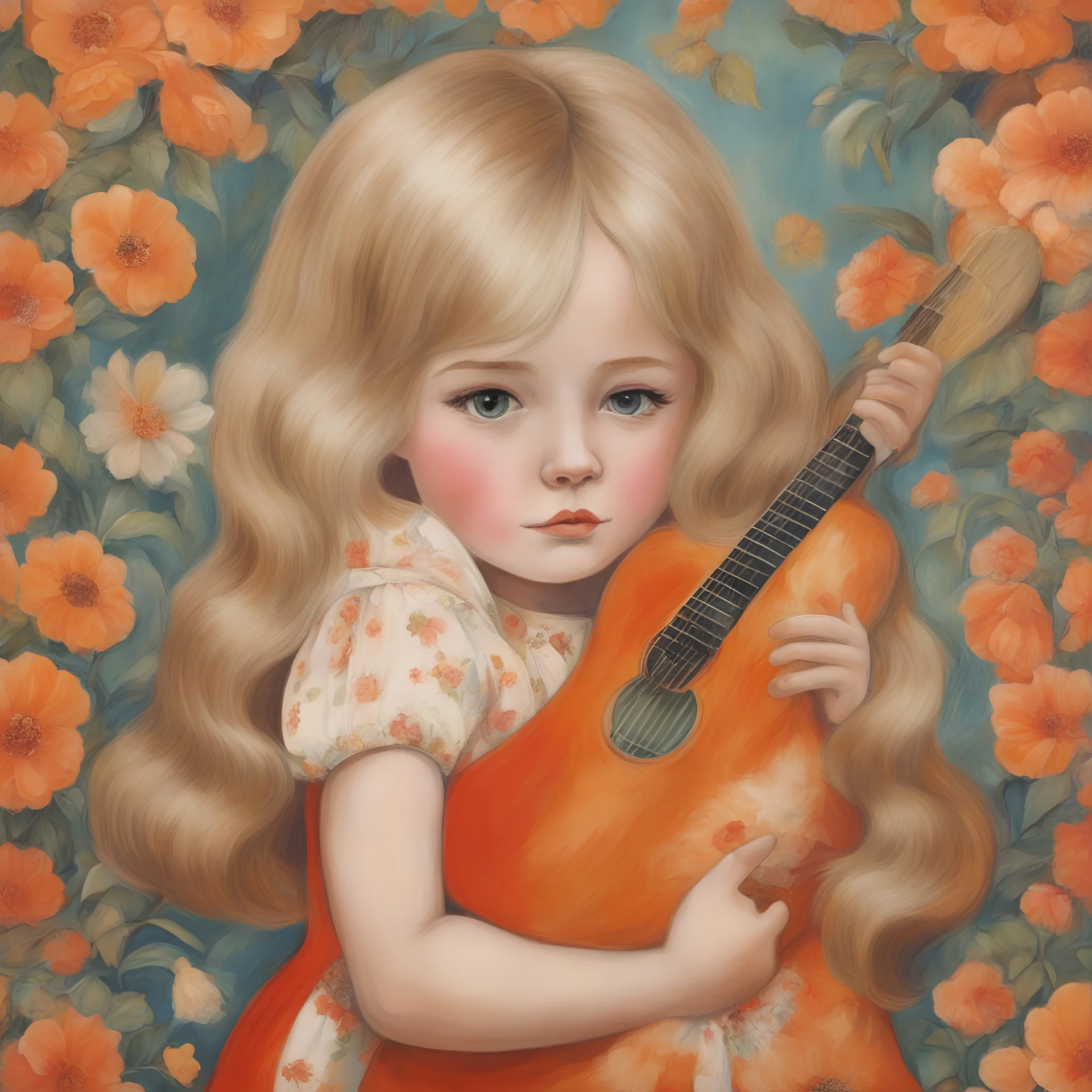 1970s, blond Little girl in red, long hair parted in the middle, hugging an orange cat, in the style of Margaret Keane, huge brown eyes, flowered wallpaper, a guitar
