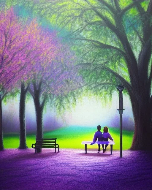 park mystical dream, park bench, man, woman, child, dog, trees, path, bird, sunshine, mystical, fantasy, romanticism, pastel colors, daylight, daytime, acrylic painting, detailed,