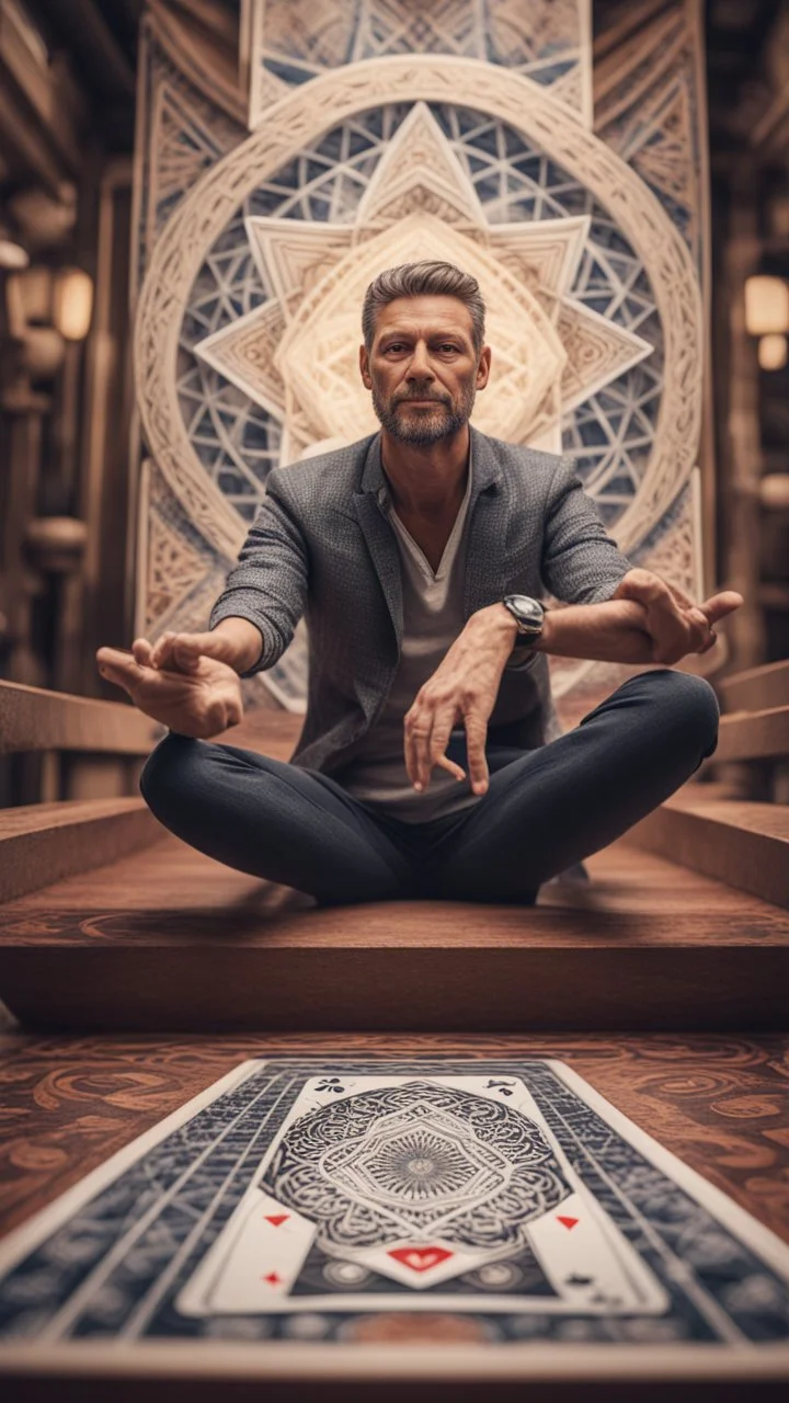 mandala style framed playing card illustration, close up portrait of a man sitting atop a house of cards, arms stretched up, posing for photo shoot in stairs and bridges woven into a sacred geometry , bokeh like f/0.8, tilt-shift lens 8k, high detail, smooth render, down-light, unreal engine, prize winning