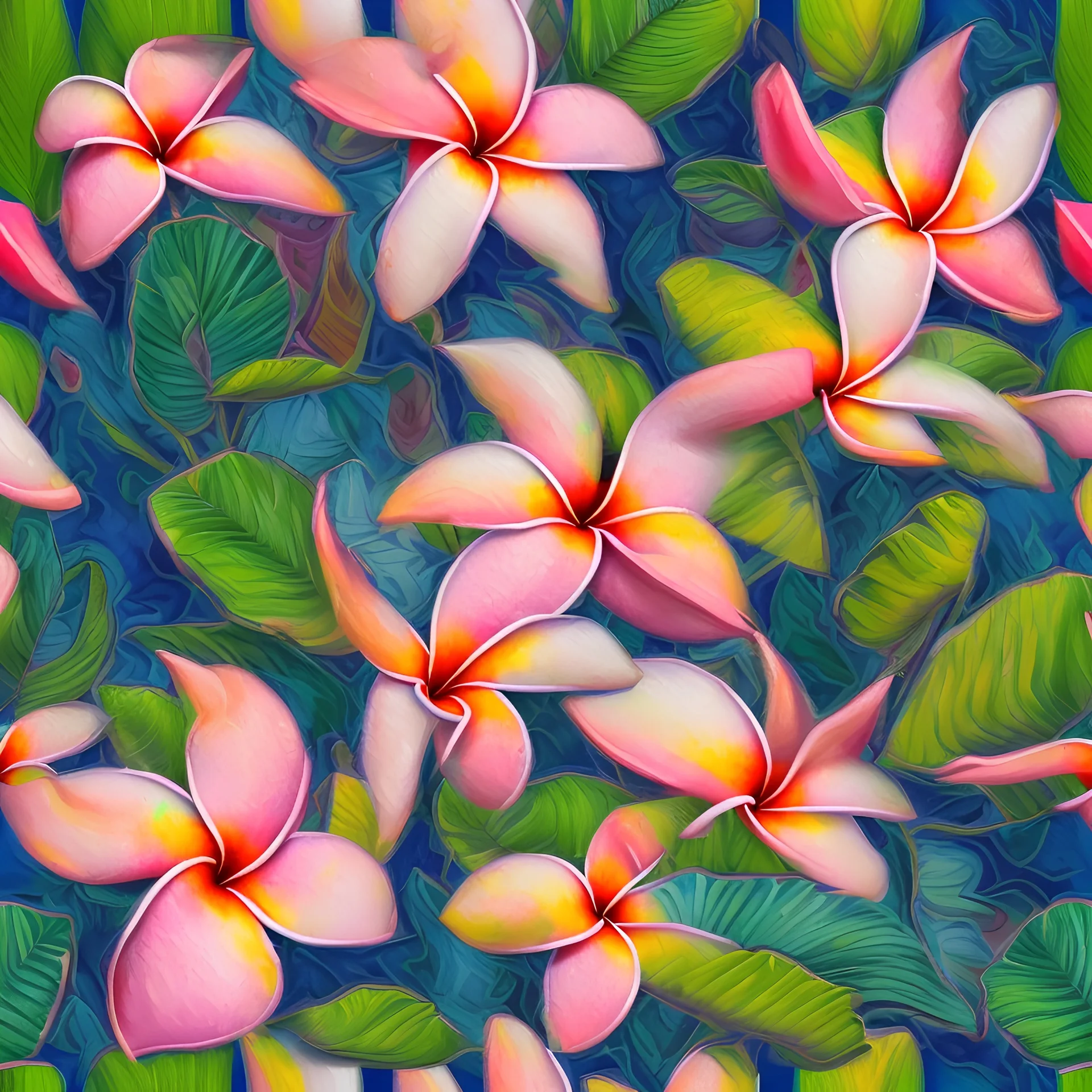 a highly detailed oil painting of plumeria flowers, seamless botanical patter design, fauvism